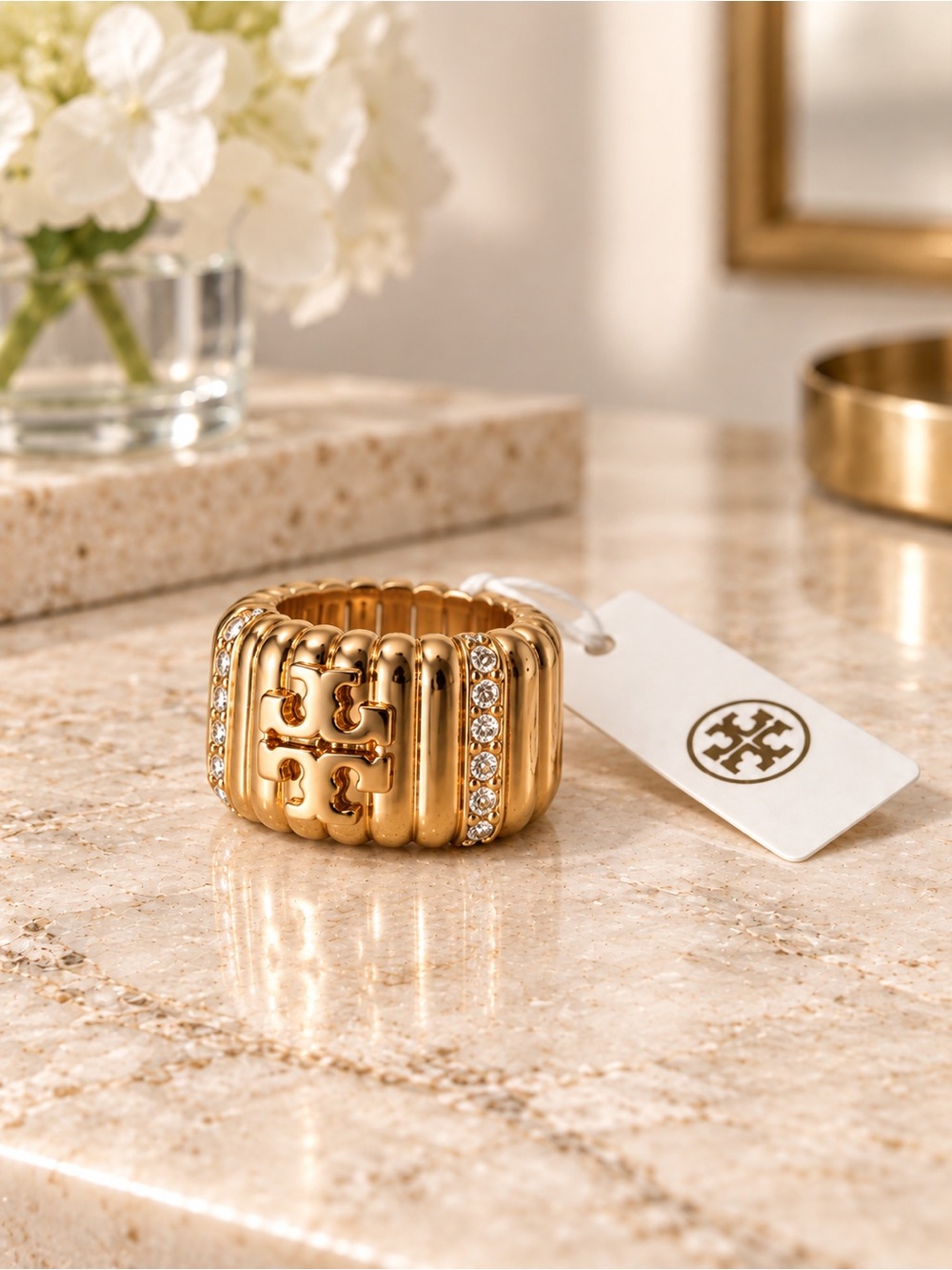 Tory Burch Crystal Textured Pavé Logo Band Ring Gold NWT Size 6